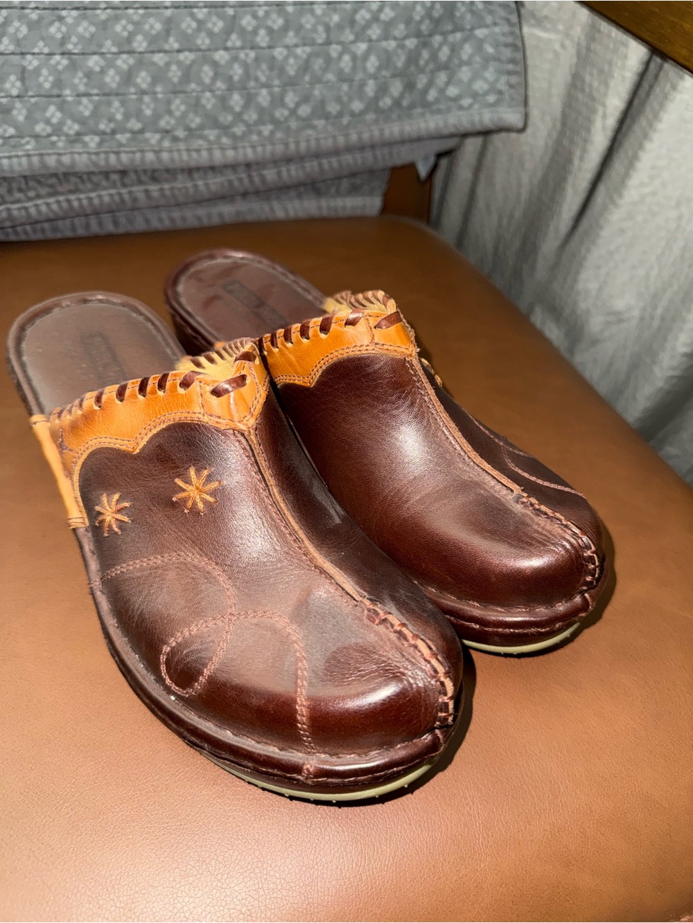 PIKOLINOS Brown Leather Slip-On Mules with Tan Trim
